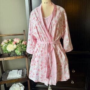 Aria SET 100%‎ Cotton Robe Nightgown Floral Tie Front Soft Pink L Cottagecore